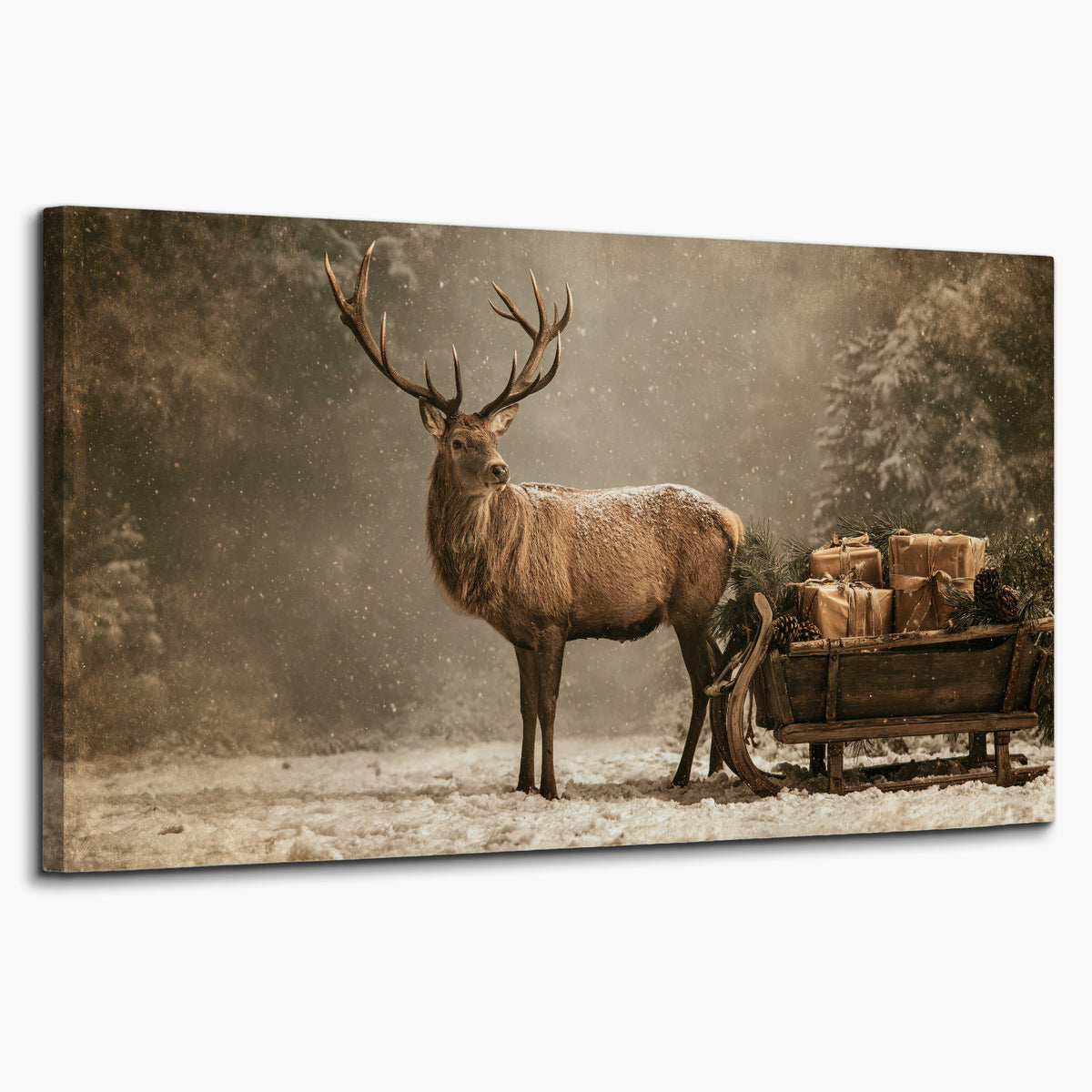 A majestic stag beside a wooden sleigh filled with wrapped gifts in a softly lit woodland single canvas wall art on a white background