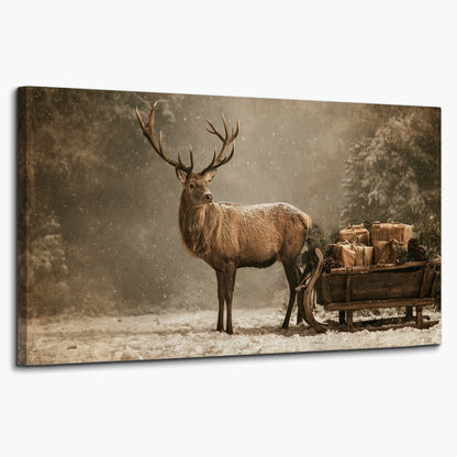 A majestic stag beside a wooden sleigh filled with wrapped gifts in a softly lit woodland single canvas wall art on a white background