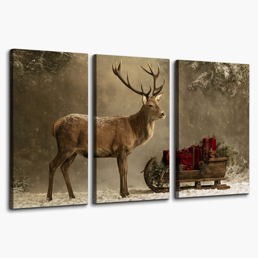 A stately reindeer standing beside a sleigh of red presents in a snowy forest 3 piece canvas wall art on a white background