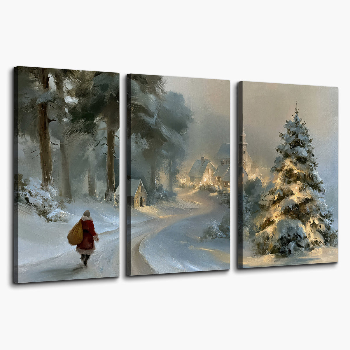 A child in a red coat walking through snowy evergreen trees toward a warmly lit village 3 piece canvas wall art on a white background