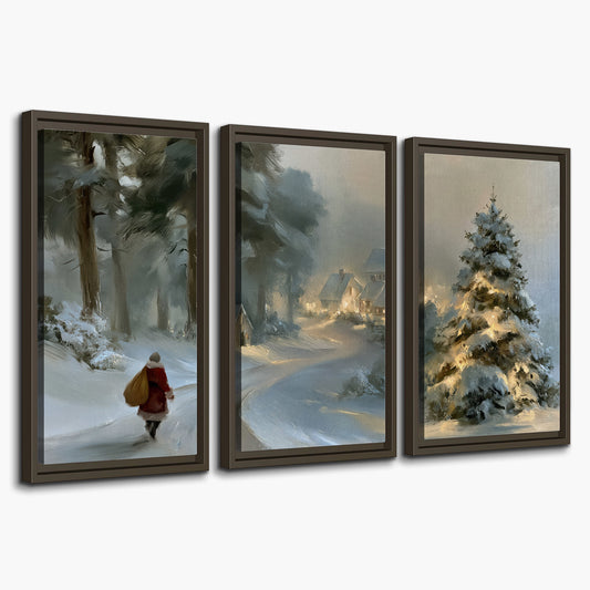A child in a red coat walking through snowy evergreen trees toward a warmly lit village 3 piece framed canvas wall art on a white background