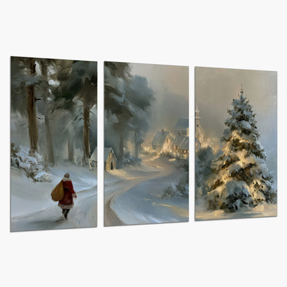 A child in a red coat walking through snowy evergreen trees toward a warmly lit village set of 3 poster prints on a white background