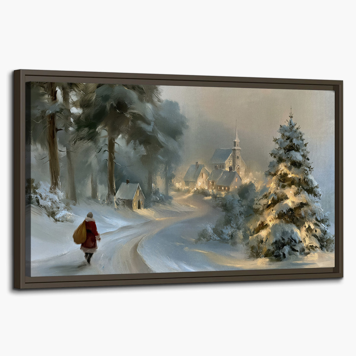 A child in a red coat walking through snowy evergreen trees toward a warmly lit village single framed canvas wall art on a white background