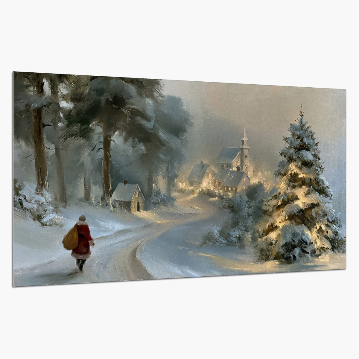 A child in a red coat walking through snowy evergreen trees toward a warmly lit village single poster print on a white background