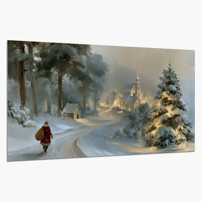 A child in a red coat walking through snowy evergreen trees toward a warmly lit village single poster print on a white background