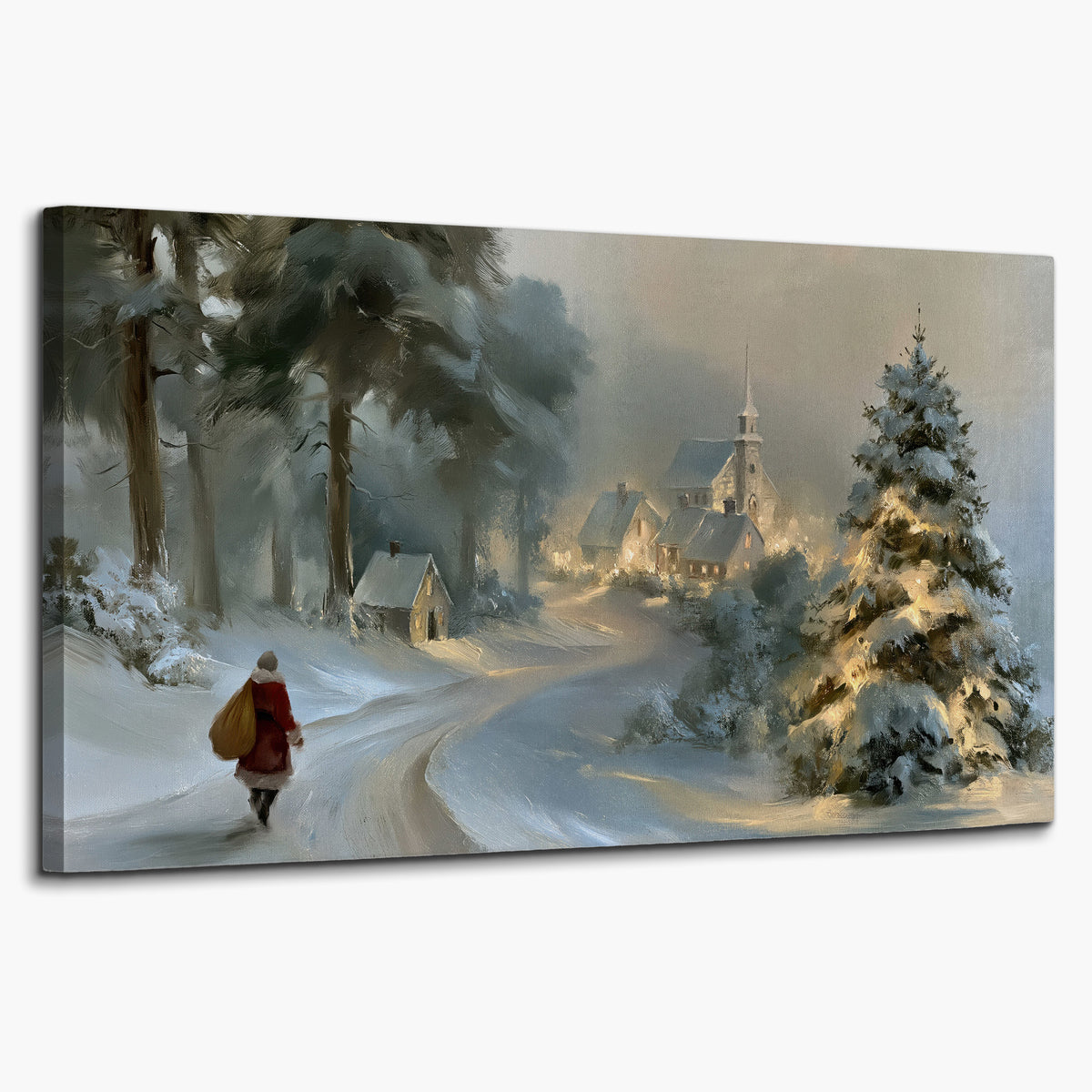 A child in a red coat walking through snowy evergreen trees toward a warmly lit village single canvas wall art on a white background