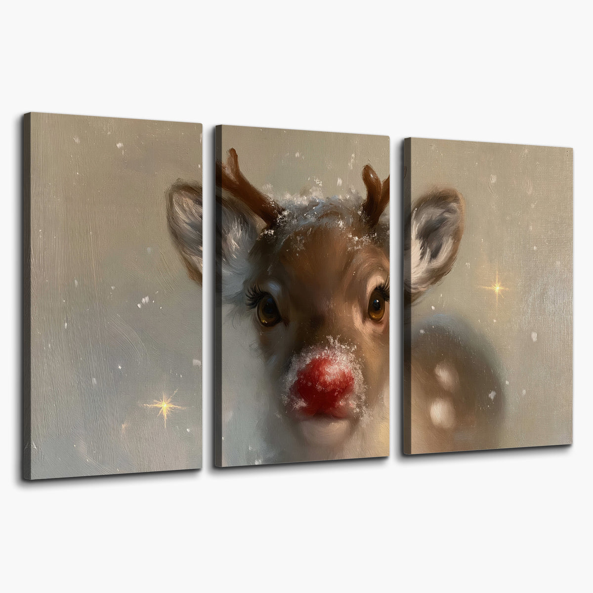 A young reindeer with a bright red nose surrounded by soft snowflakes and tiny painted stars 3 piece canvas wall art on a white background