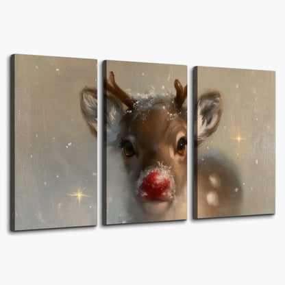 A young reindeer with a bright red nose surrounded by soft snowflakes and tiny painted stars 3 piece canvas wall art on a white background