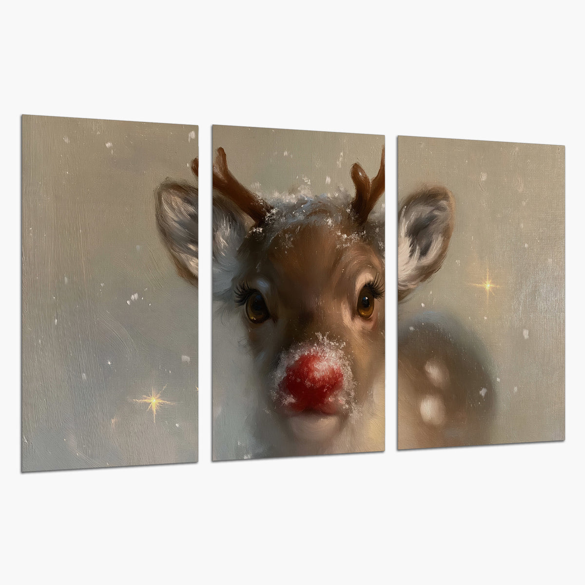 A young reindeer with a bright red nose surrounded by soft snowflakes and tiny painted stars set of 3 poster prints on a white background