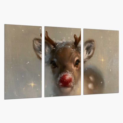 A young reindeer with a bright red nose surrounded by soft snowflakes and tiny painted stars set of 3 poster prints on a white background
