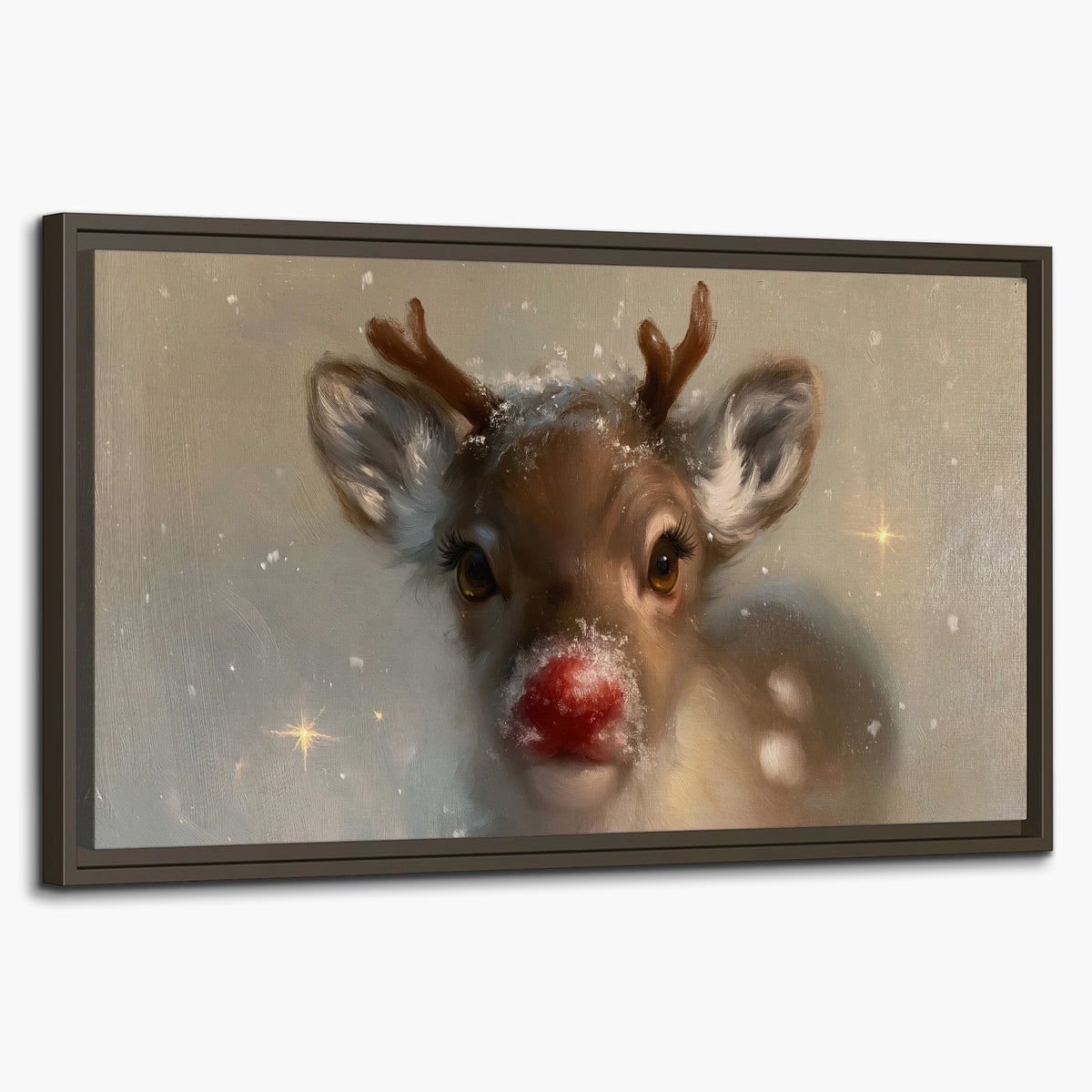 A young reindeer with a bright red nose surrounded by soft snowflakes and tiny painted stars single framed canvas wall art on a white background