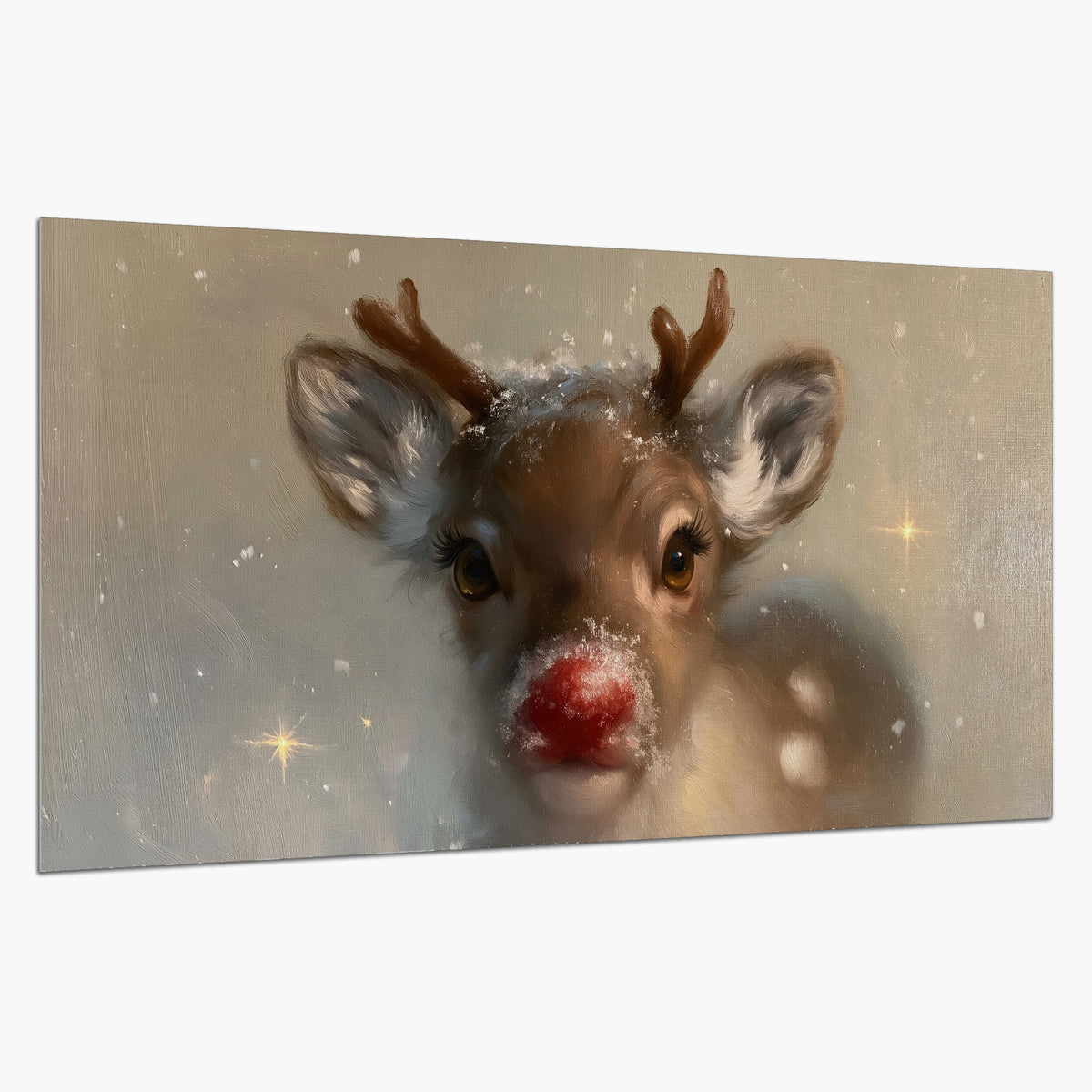 A young reindeer with a bright red nose surrounded by soft snowflakes and tiny painted stars single poster print on a white background