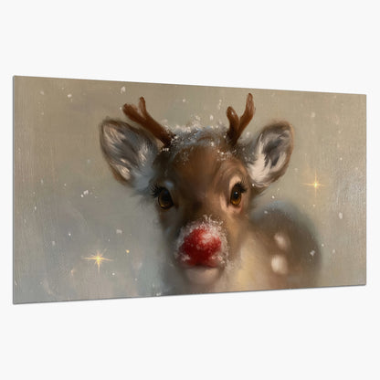 A young reindeer with a bright red nose surrounded by soft snowflakes and tiny painted stars single poster print on a white background