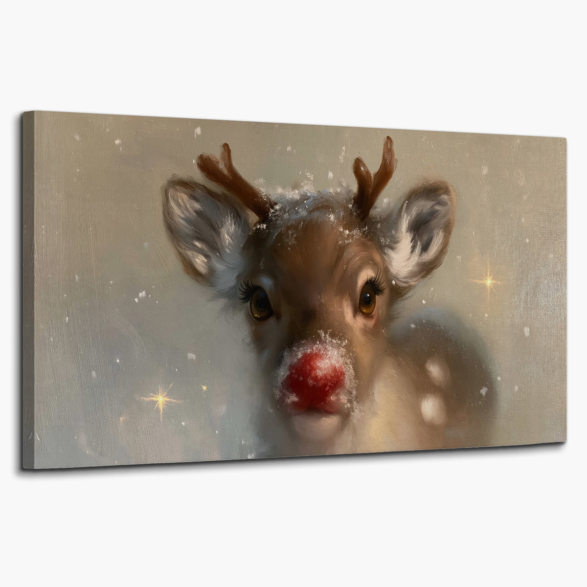 A young reindeer with a bright red nose surrounded by soft snowflakes and tiny painted stars single canvas wall art on a white background