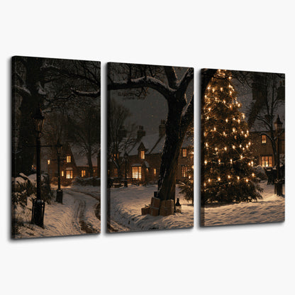 A tall illuminated Christmas tree beneath dark branches beside warmly lit snowy cottages 3 piece canvas wall art on a white background