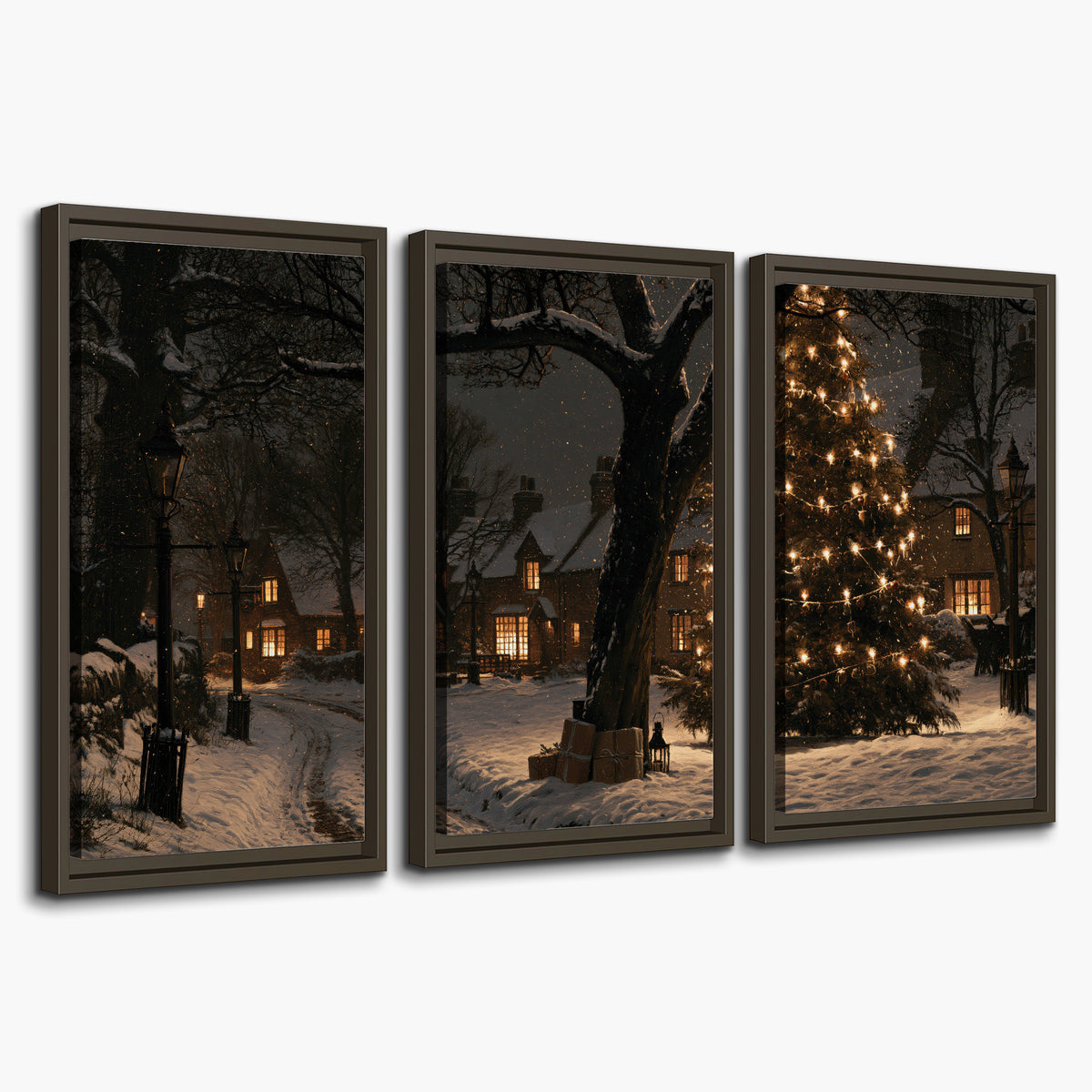 A tall illuminated Christmas tree beneath dark branches beside warmly lit snowy cottages 3 piece framed canvas wall art on a white background