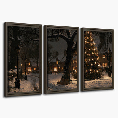 A tall illuminated Christmas tree beneath dark branches beside warmly lit snowy cottages 3 piece framed canvas wall art on a white background