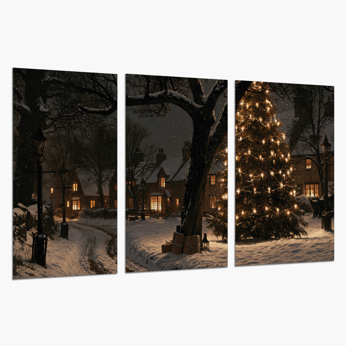 A tall illuminated Christmas tree beneath dark branches beside warmly lit snowy cottages set of 3 poster prints on a white background