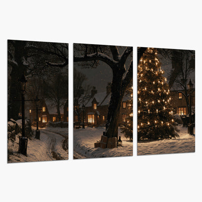 A tall illuminated Christmas tree beneath dark branches beside warmly lit snowy cottages set of 3 poster prints on a white background
