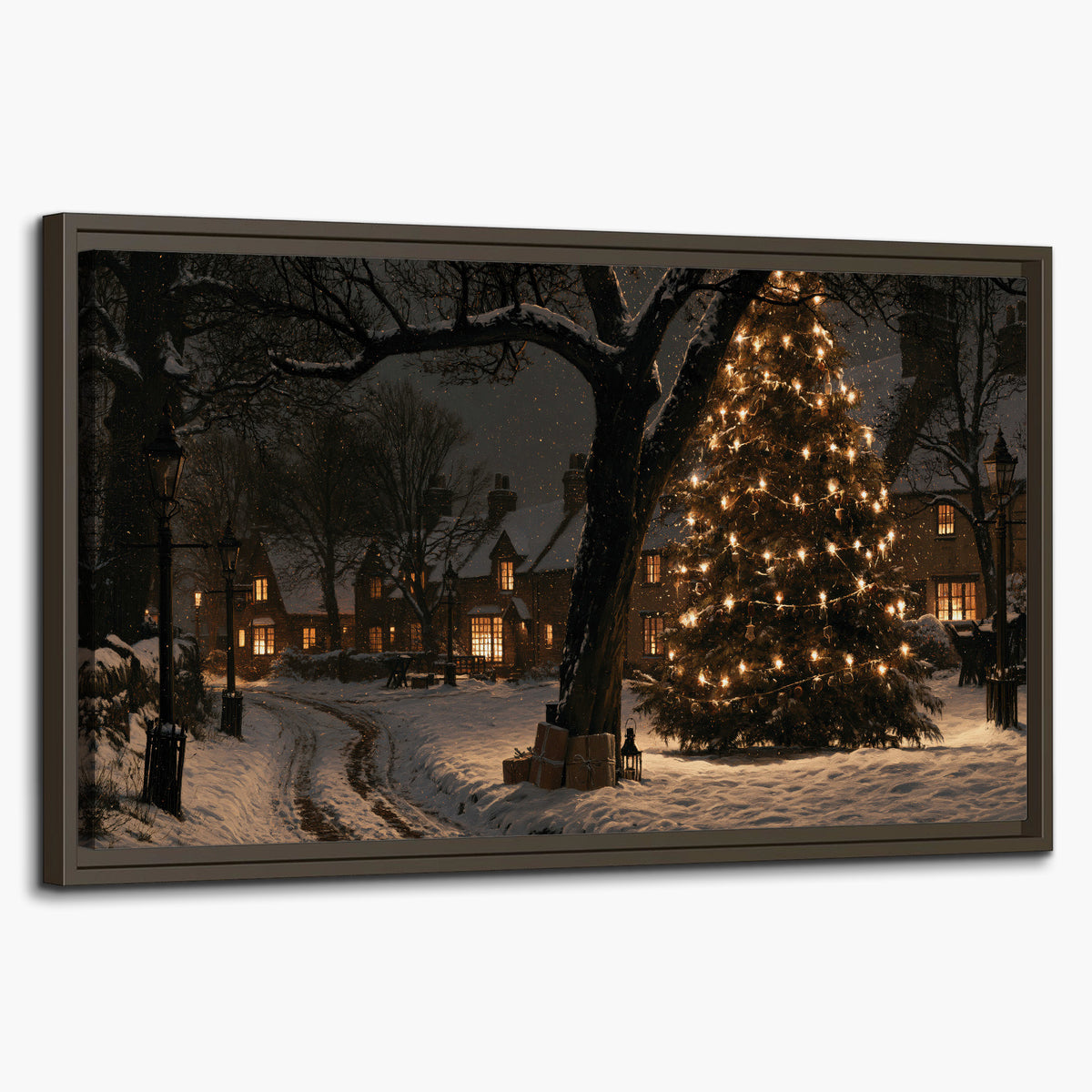 A tall illuminated Christmas tree beneath dark branches beside warmly lit snowy cottages single framed canvas wall art on a white background