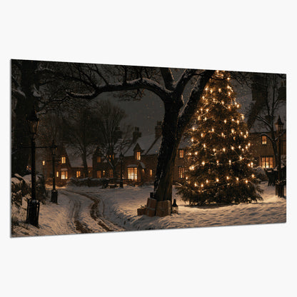 A tall illuminated Christmas tree beneath dark branches beside warmly lit snowy cottages single poster print on a white background