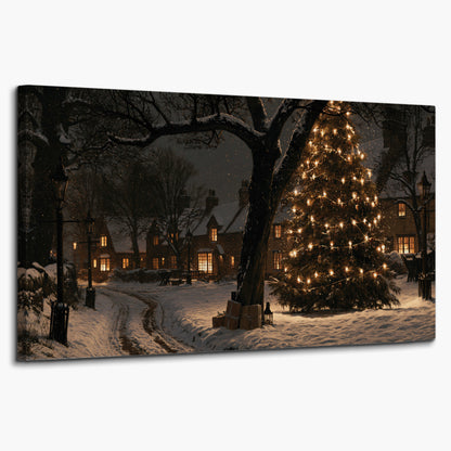 A tall illuminated Christmas tree beneath dark branches beside warmly lit snowy cottages single canvas wall art on a white background