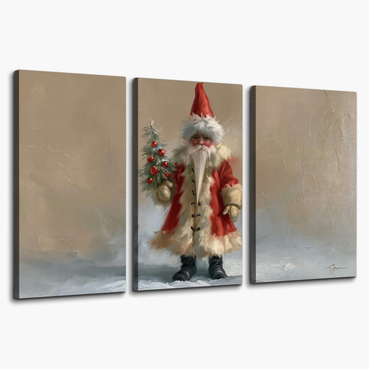 A small storybook Santa in a red coat holding a miniature Christmas tree against a soft neutral background 3 piece canvas wall art on a white background
