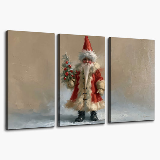 A small storybook Santa in a red coat holding a miniature Christmas tree against a soft neutral background 3 piece canvas wall art on a white background