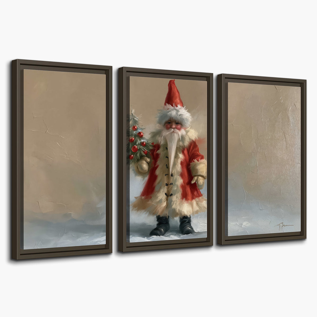 A small storybook Santa in a red coat holding a miniature Christmas tree against a soft neutral background 3 piece framed canvas wall art on a white background