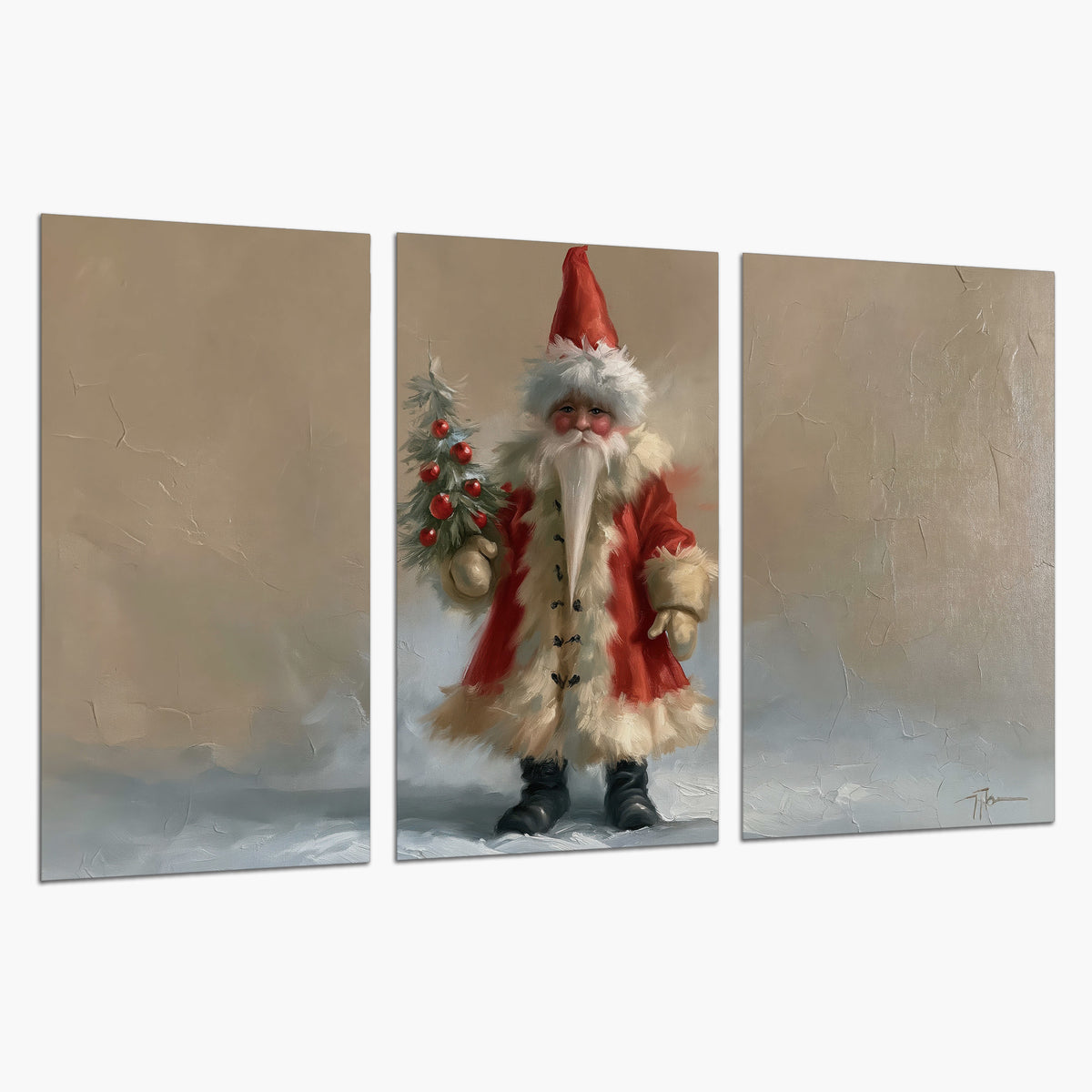 A small storybook Santa in a red coat holding a miniature Christmas tree against a soft neutral background set of 3 poster prints on a white background