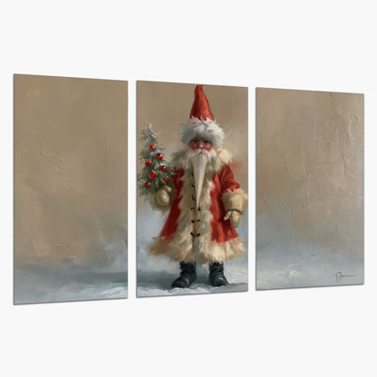 A small storybook Santa in a red coat holding a miniature Christmas tree against a soft neutral background set of 3 poster prints on a white background