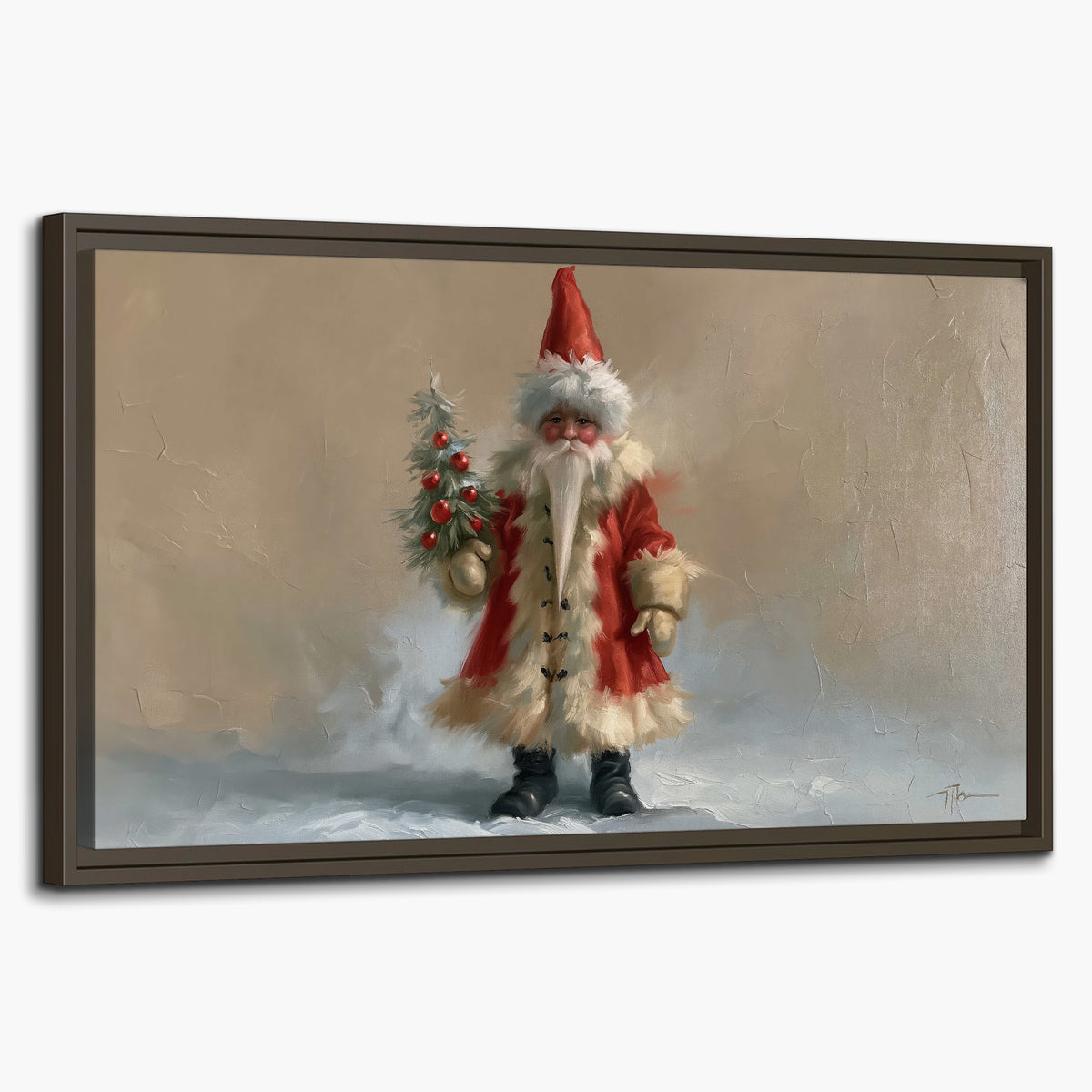 A small storybook Santa in a red coat holding a miniature Christmas tree against a soft neutral background single framed canvas wall art on a white background