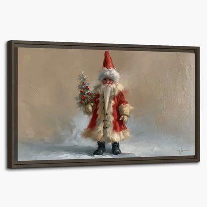 A small storybook Santa in a red coat holding a miniature Christmas tree against a soft neutral background single framed canvas wall art on a white background