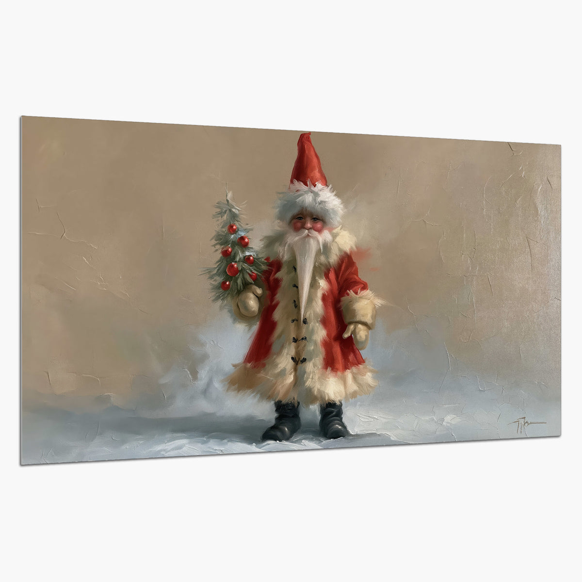 A small storybook Santa in a red coat holding a miniature Christmas tree against a soft neutral background single poster print on a white background
