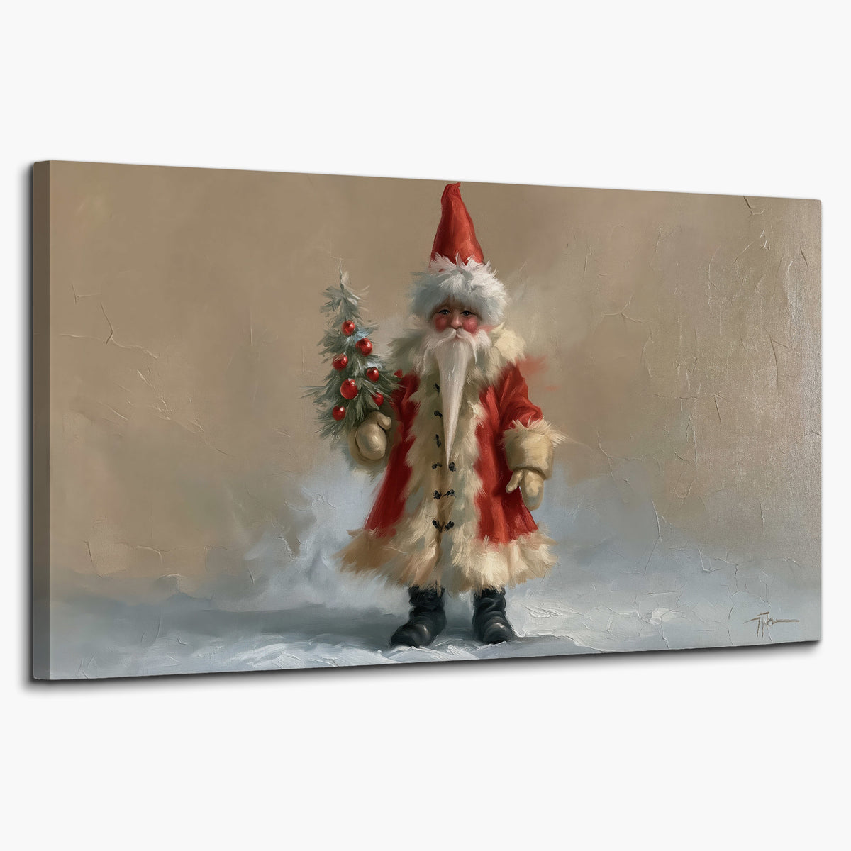 A small storybook Santa in a red coat holding a miniature Christmas tree against a soft neutral background single canvas wall art on a white background