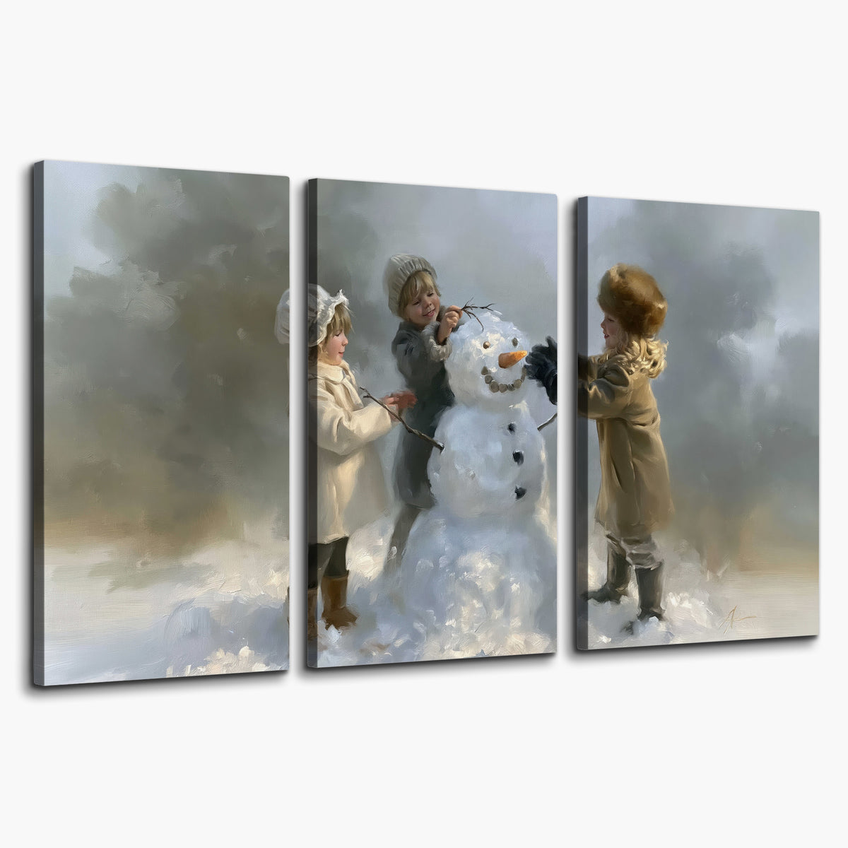 Three children gathering around a cheerful snowman on a quiet snowy winter day 3 piece canvas wall art on a white background