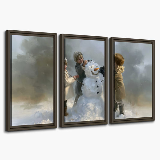 Three children gathering around a cheerful snowman on a quiet snowy winter day 3 piece framed canvas wall art on a white background