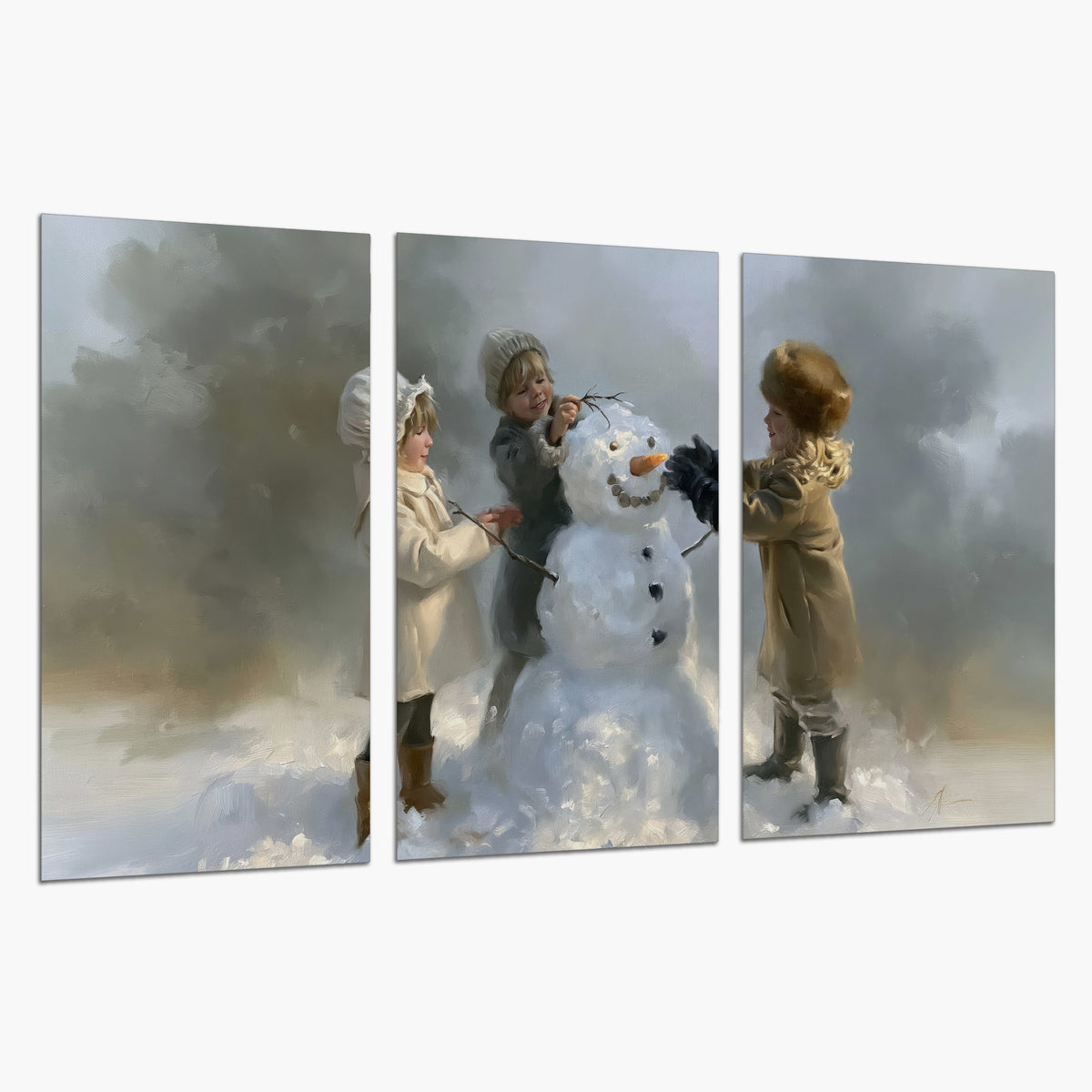 Three children gathering around a cheerful snowman on a quiet snowy winter day set of 3 poster prints on a white background