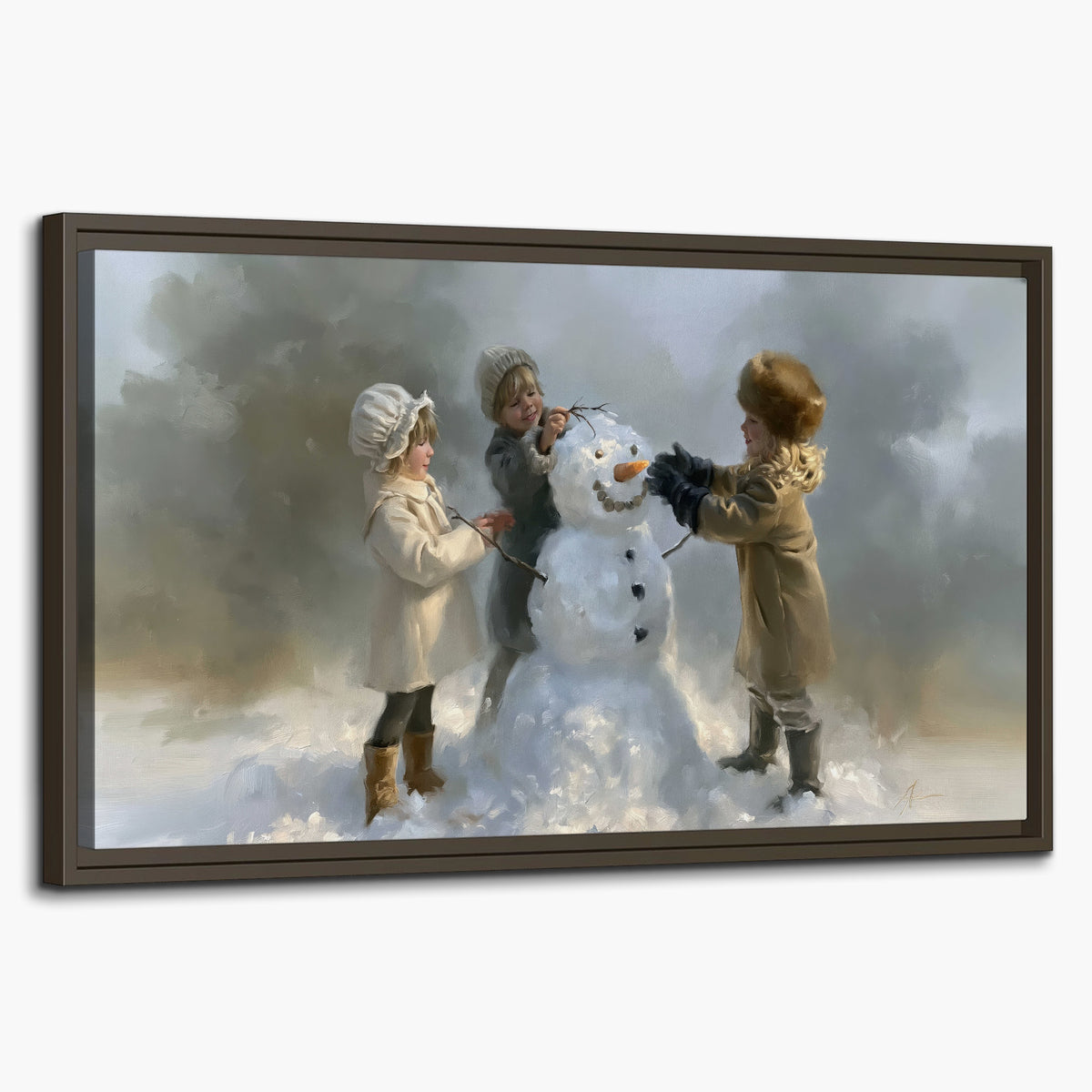 Three children gathering around a cheerful snowman on a quiet snowy winter day single framed canvas wall art on a white background