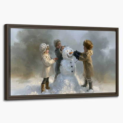 Three children gathering around a cheerful snowman on a quiet snowy winter day single framed canvas wall art on a white background