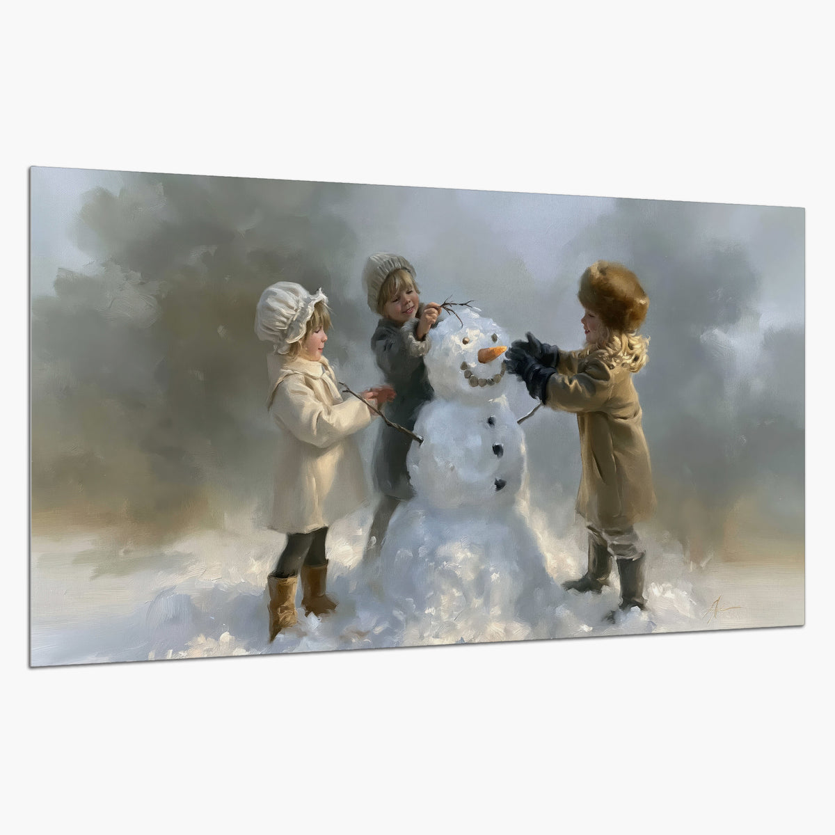 Three children gathering around a cheerful snowman on a quiet snowy winter day single poster print on a white background