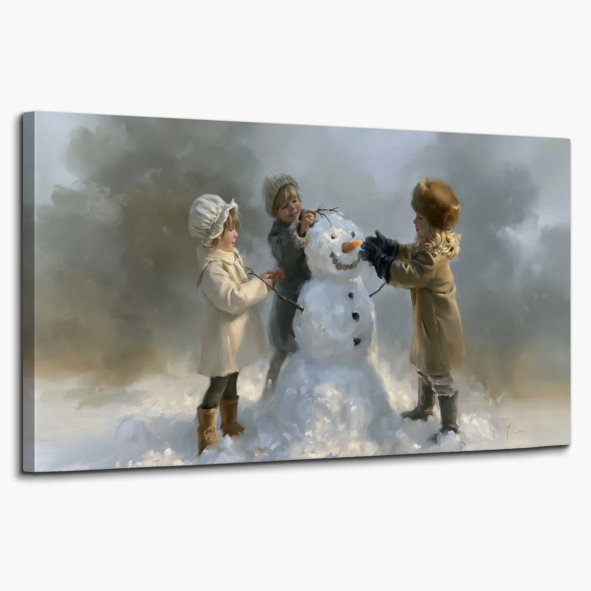 Three children gathering around a cheerful snowman on a quiet snowy winter day single canvas wall art on a white background