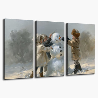 Two children putting the finishing touches on a snowman in a soft snowy landscape 3 piece canvas wall art on a white background