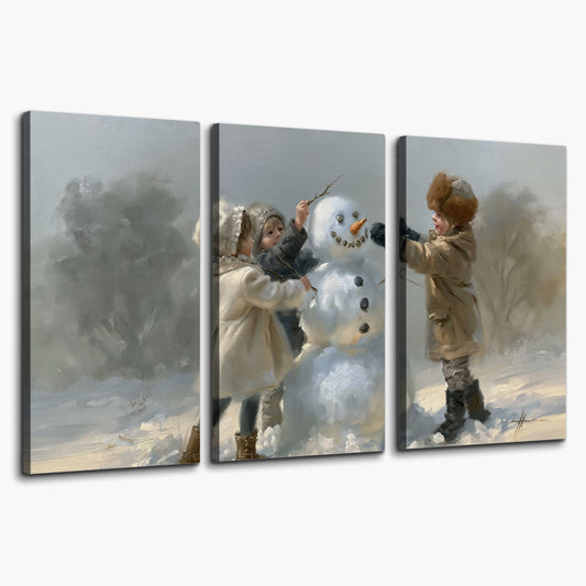 Two children putting the finishing touches on a snowman in a soft snowy landscape 3 piece canvas wall art on a white background