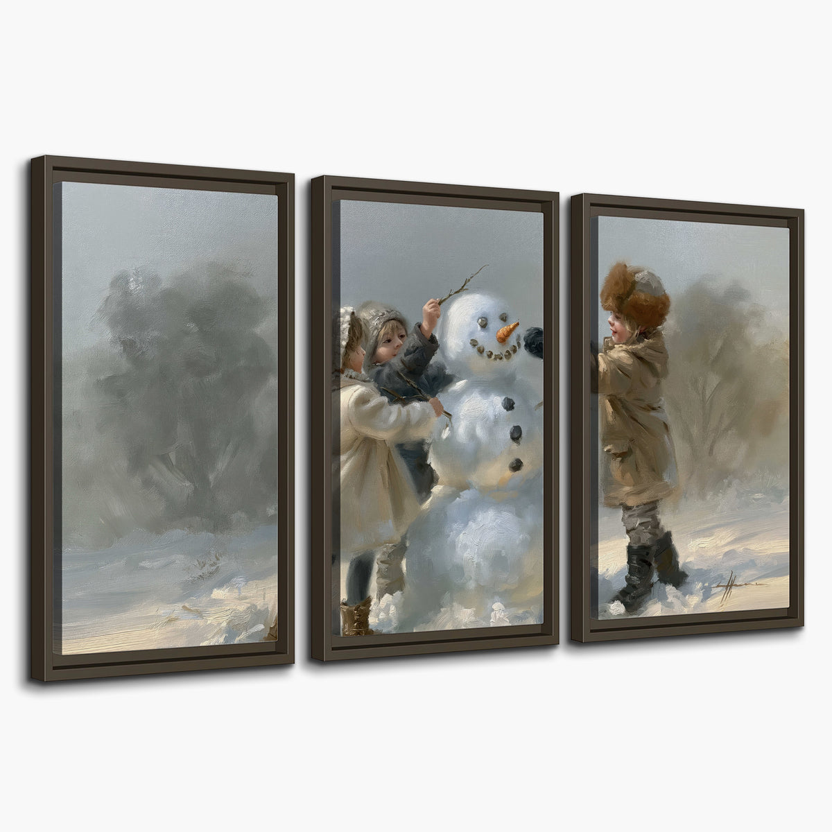 Two children putting the finishing touches on a snowman in a soft snowy landscape 3 piece framed canvas wall art on a white background