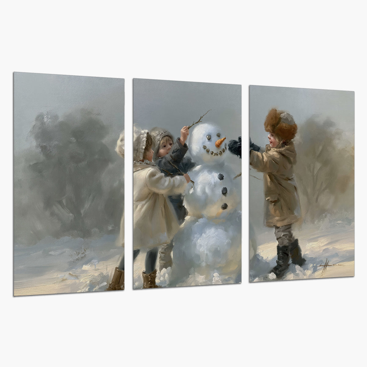 Two children putting the finishing touches on a snowman in a soft snowy landscape set of 3 poster prints on a white background
