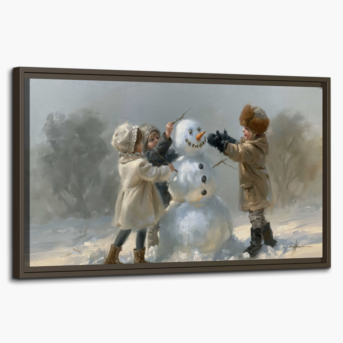 Two children putting the finishing touches on a snowman in a soft snowy landscape single framed canvas wall art on a white background