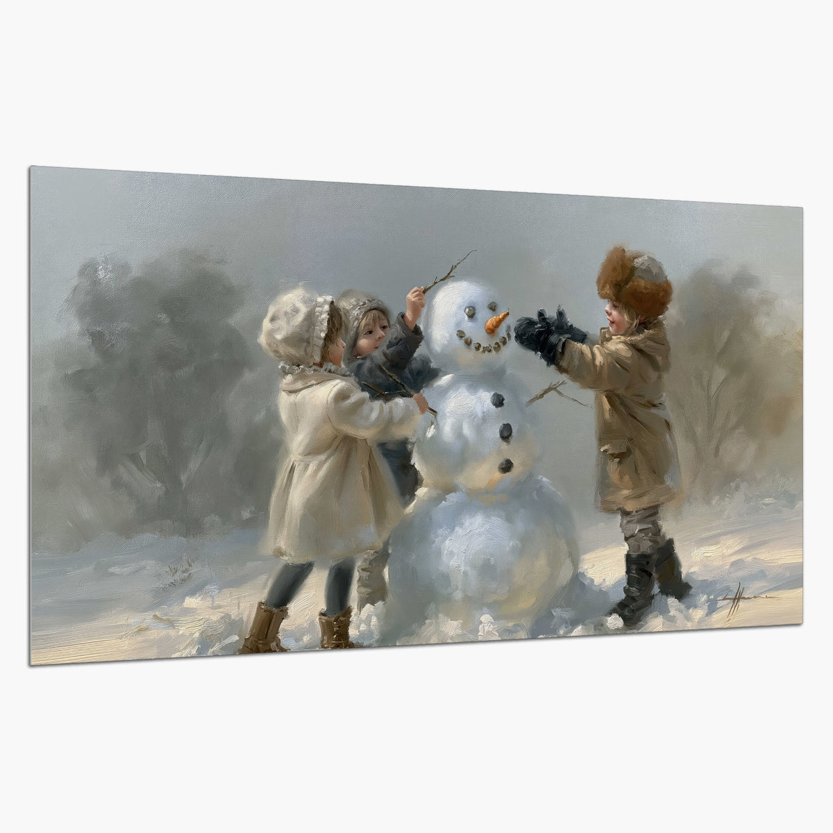 Two children putting the finishing touches on a snowman in a soft snowy landscape single poster print on a white background