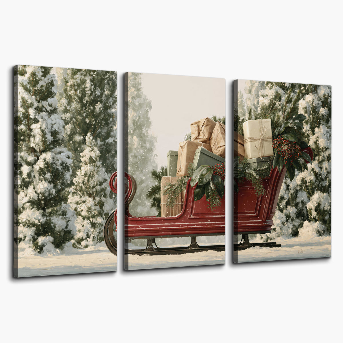 A red sleigh filled with wrapped gifts and evergreen branches among snowy fir trees 3 piece canvas wall art on a white background
