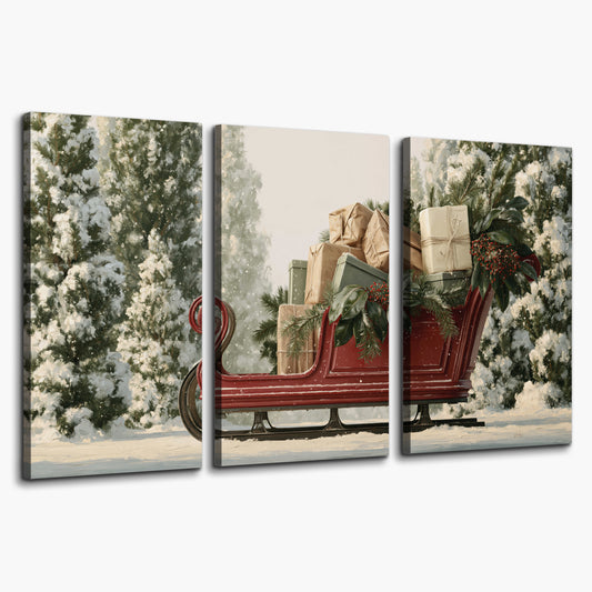 A red sleigh filled with wrapped gifts and evergreen branches among snowy fir trees 3 piece canvas wall art on a white background